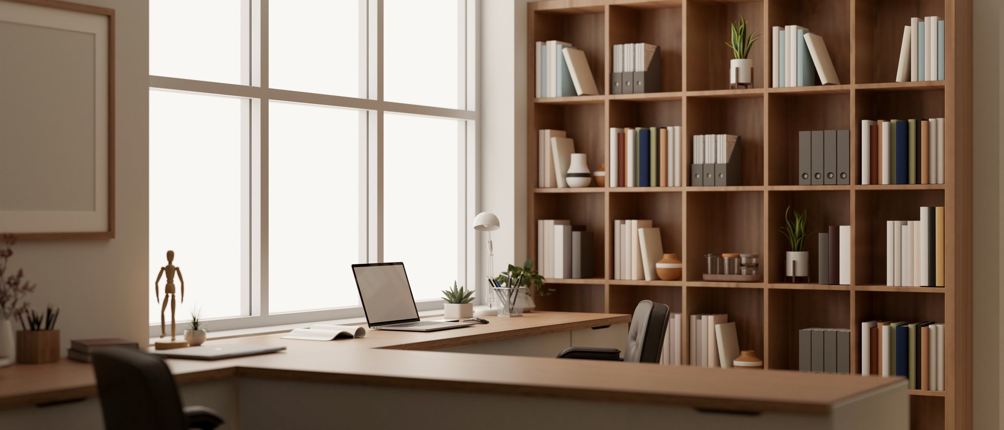 Minimal cozy study room with study table, books, stationeries.